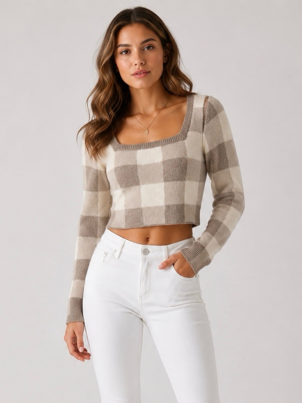 DEBUT  Ultra-Soft Cropped Gingham Colorblock Sweater Top in Cream / Beige / Brow